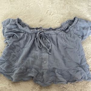 Lottie Moss blue Short sleeve off the shoulder crop top